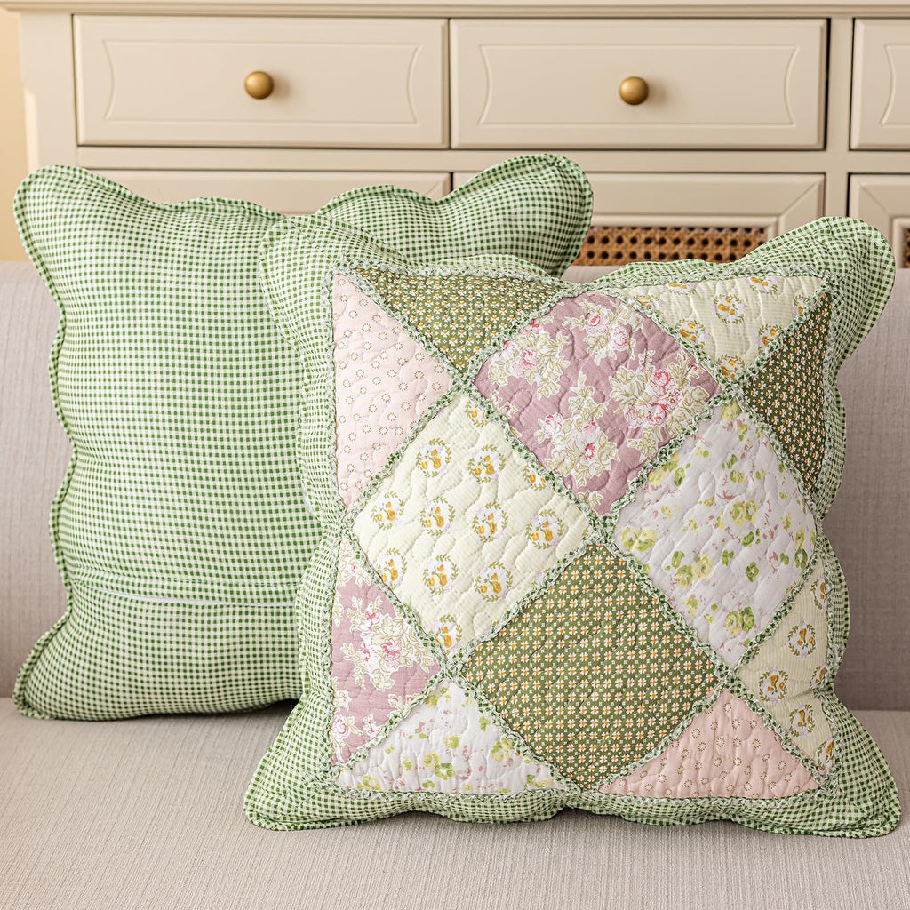 Fall Set of 2 Quilted 100% Cotton Boho Throw Pillow Covers 18" x 18" Farmhouse Country Floral Patchwork Decorative