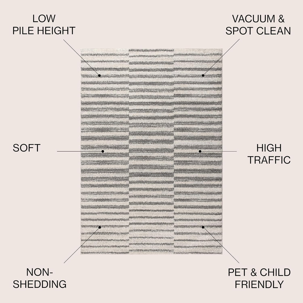 Lyla Offset Stripe Gray/Cream Indoor Area Rug, Contemporary, Modern, Easy-Cleaning, Pet Friendly, Non-Shedding