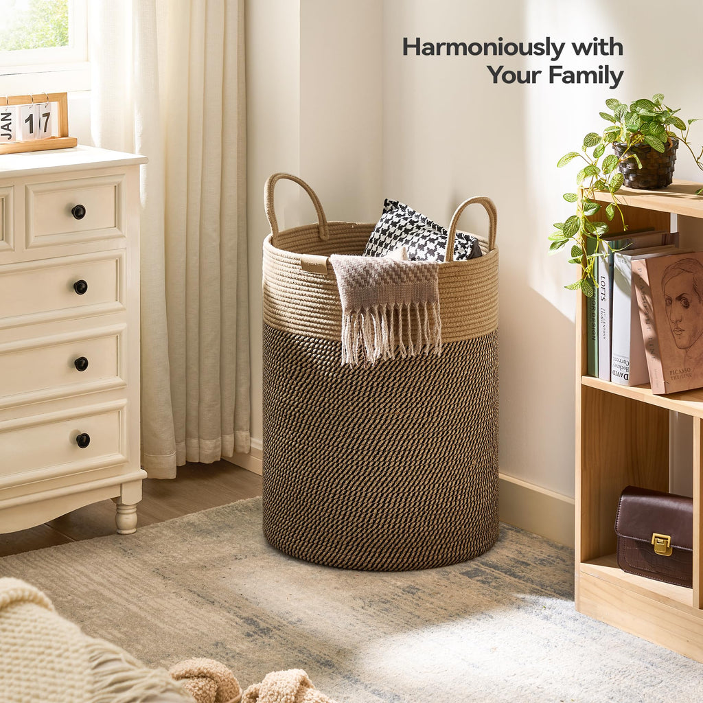 Tall Laundry Basket Hamper 95L, Cotton Rope Storage Hamper with Reinforced Handles, Decorative Blanket & Toy Basket