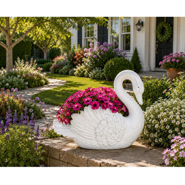 Swan Cast Stone Planter Garden Decor - White