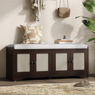 47.4" Shoe Storage Bench with Cushion, Farmhouse Entryway Bench with 4 Rattan Doors & Adjustable Shelves, Shoe