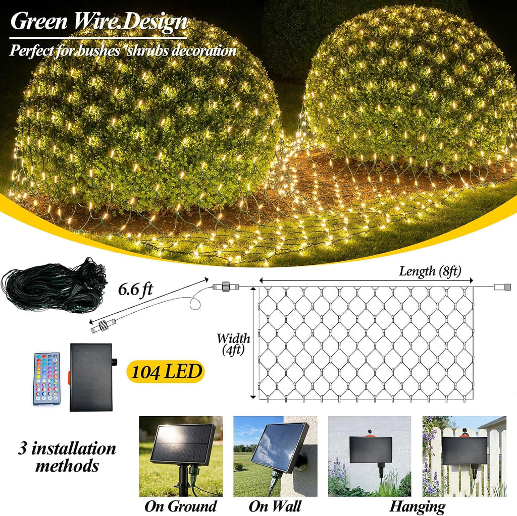 4ft x 8ft Solar Net Lights, 104LED 34 Colors Changing Christmas Net Lights Solar & USB Powered, Waterproof Mesh