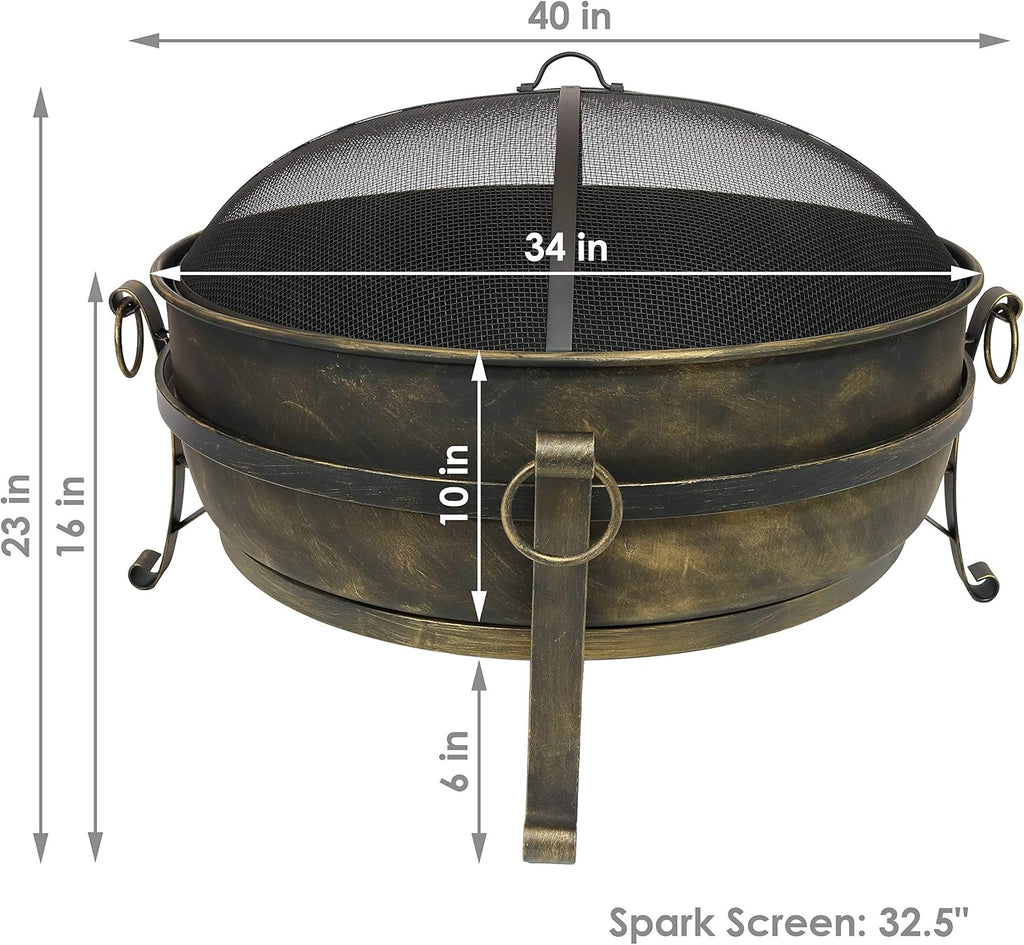34-Inch Steel Large Fire Pit for Outside - Wood-Burning Fire Pit Bowl for Outdoors with Spark Screen, Log Poker