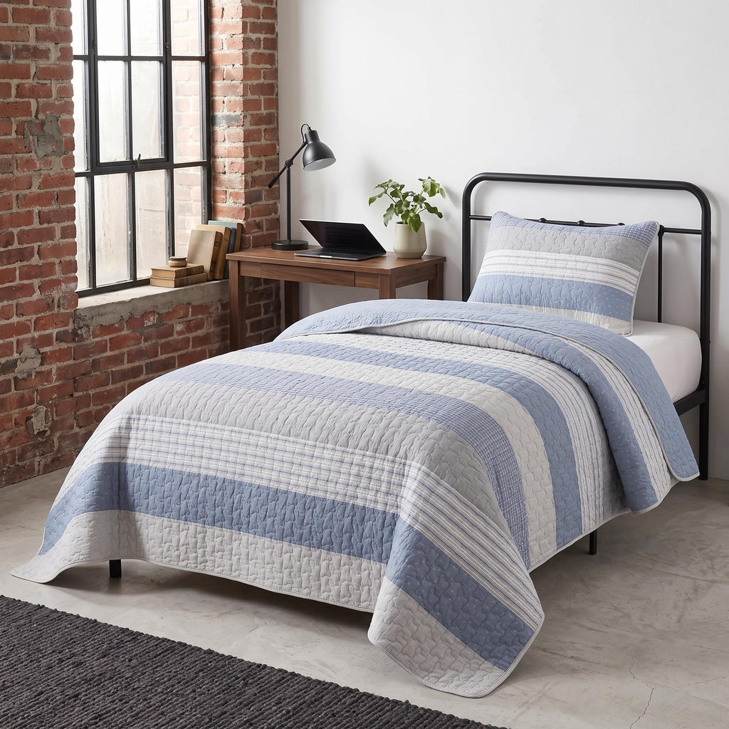 Blue Horizon Striped Cotton Quilt Set, with 1 Sham