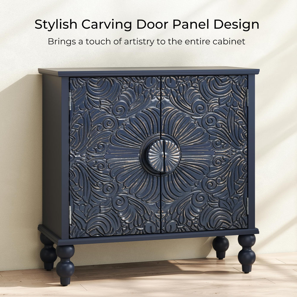 Solid Wood Buffet Cabinet, Accent Cabinet, 2 Carved Doors, Blue