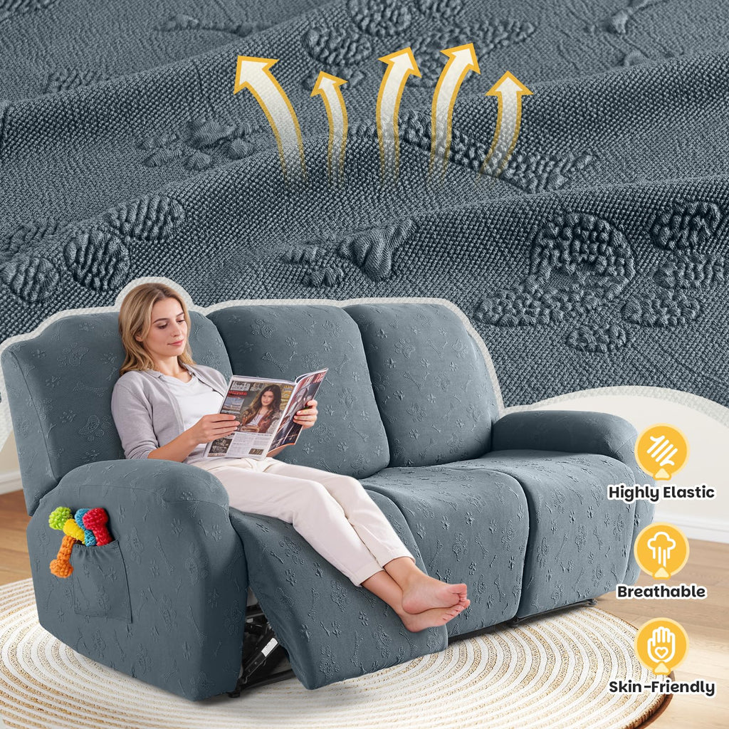 Stretch Recliner Couch Cover, 3 Seat, 8-Piece Set, Gray