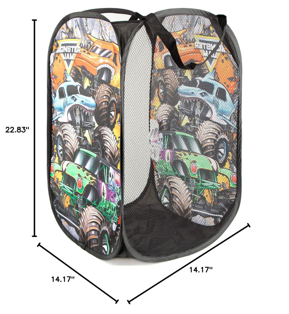 Monster Jam Break Out Pop Up Hamper - Mesh Laundry Basket/Bag with Durable Handles - Features Grave Digger & Megalodon