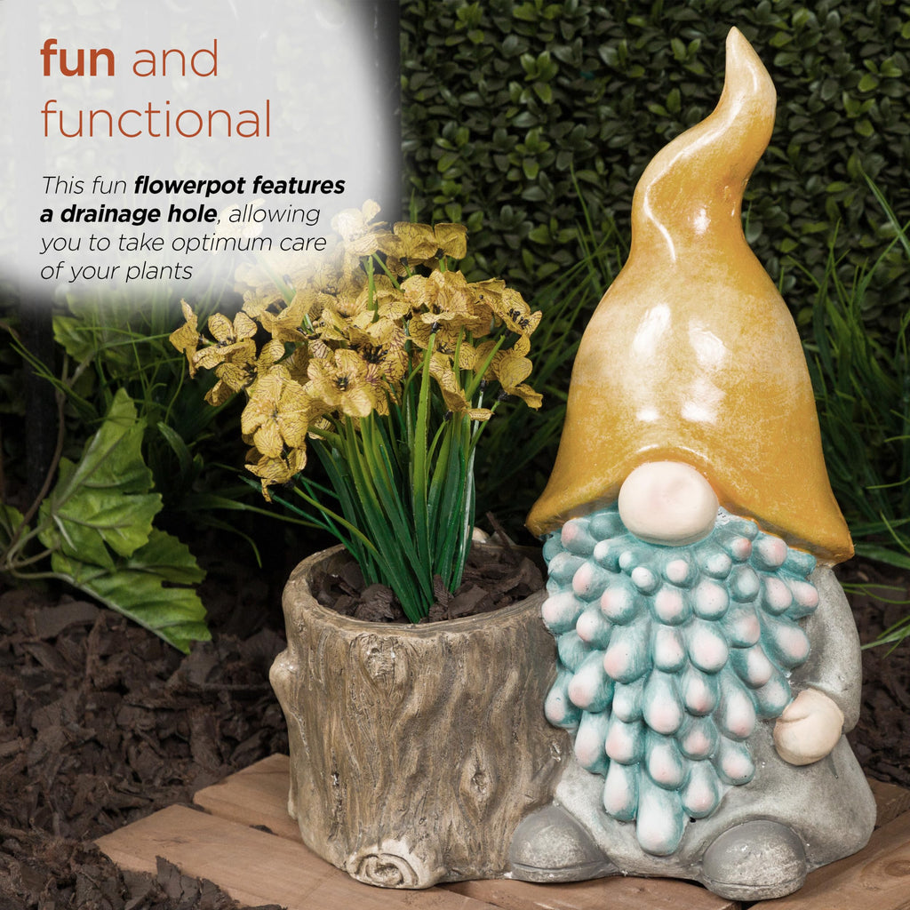 16" Tall Outdoor Yellow Hat Gnome Statue with Drainage Hole Planter, Weatherproof Garden Decor