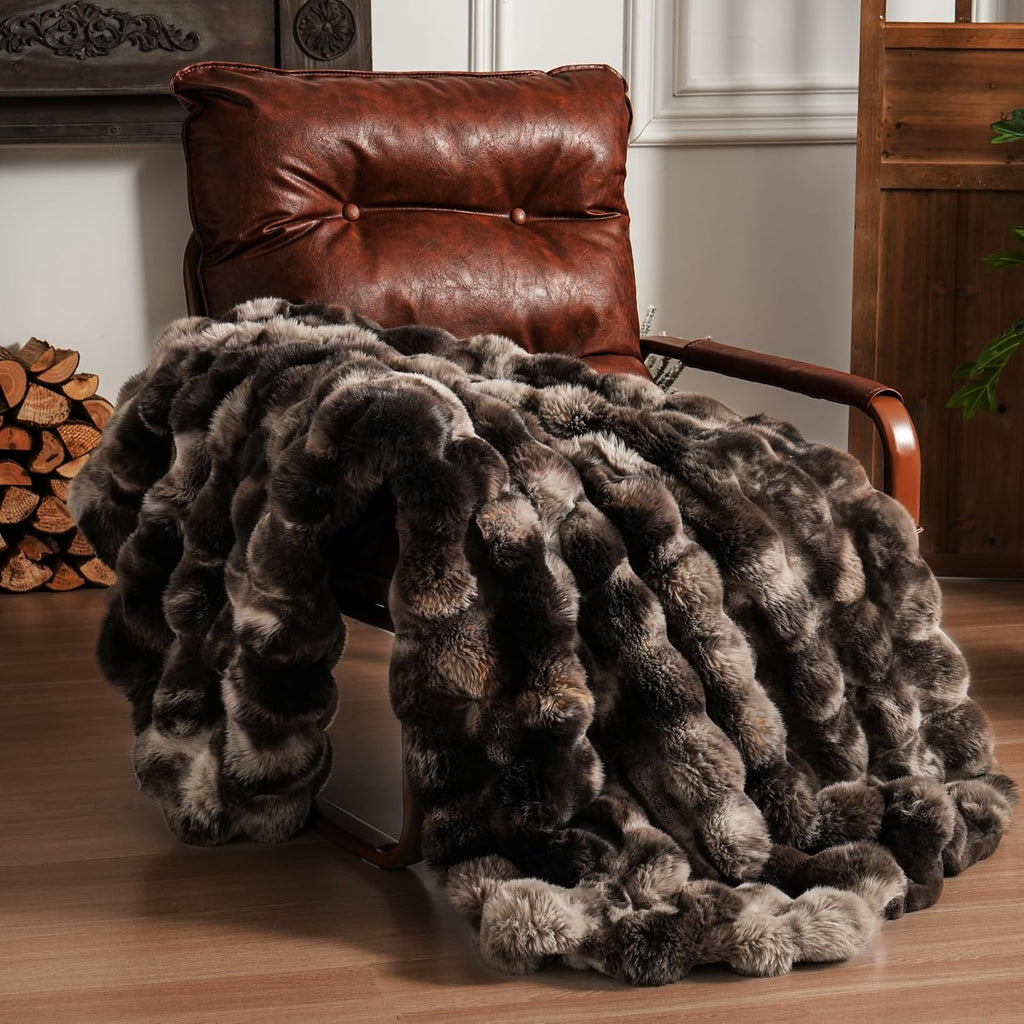 Fluffy Faux Fur Throw Blanket, Soft Plush Thick Cozy Fuzzy Luxury Minky Bubble Blanket, Tie-dye Coffee, 60" x 80"