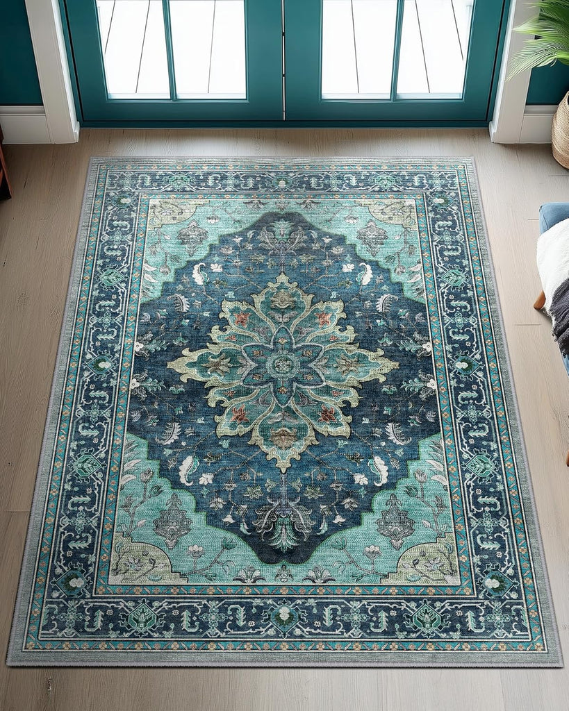 Area Rugs Washable Non-Slip, Floral Vintage Distress Print Pattern Medallion Carpet for Living Room Bedroom
