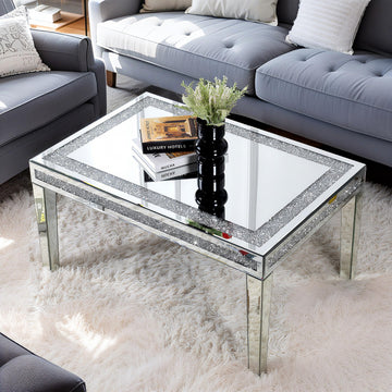 Silver Coffee Table with Crushed Crystal Border, Mirrored Glass
