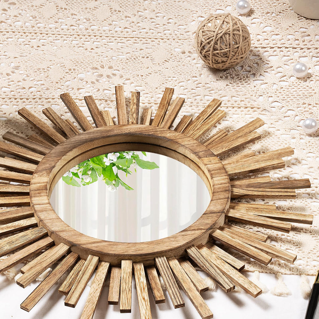 18 Inch Boho Sunburst Mirror, Round Wooden Wall Decor Starburst Sun Mirror, Balcony, Farmhouse Entryway