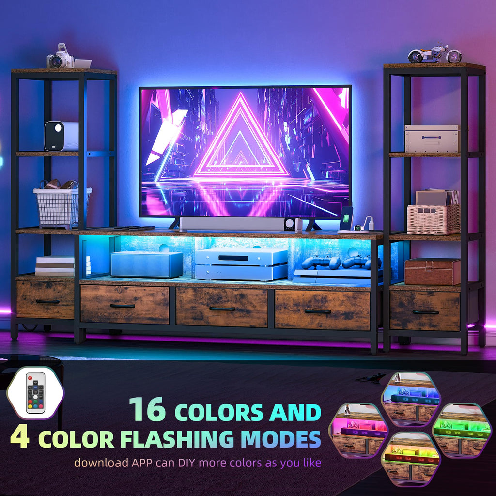 Industrial LED TV Stand for 65 Inch TVs, Bookshelves, Rustic Brown