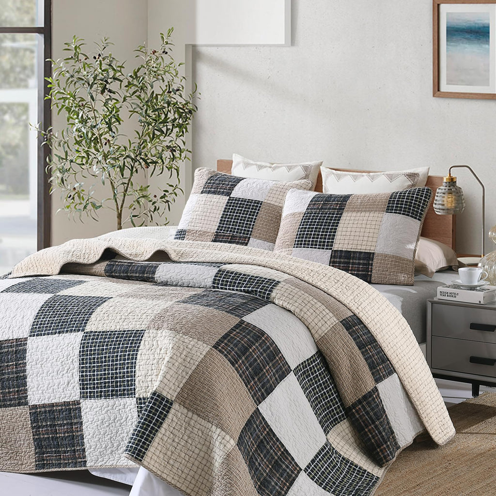 Quilt, Patchwork Plaid Quilt Set/Brown/Beige/Charcoal