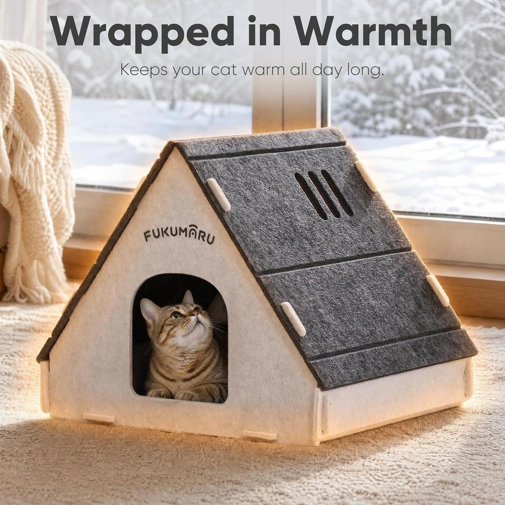 Cat House Cave Bed for Indoor Cats, Large Warm Felt Cat Hideaway