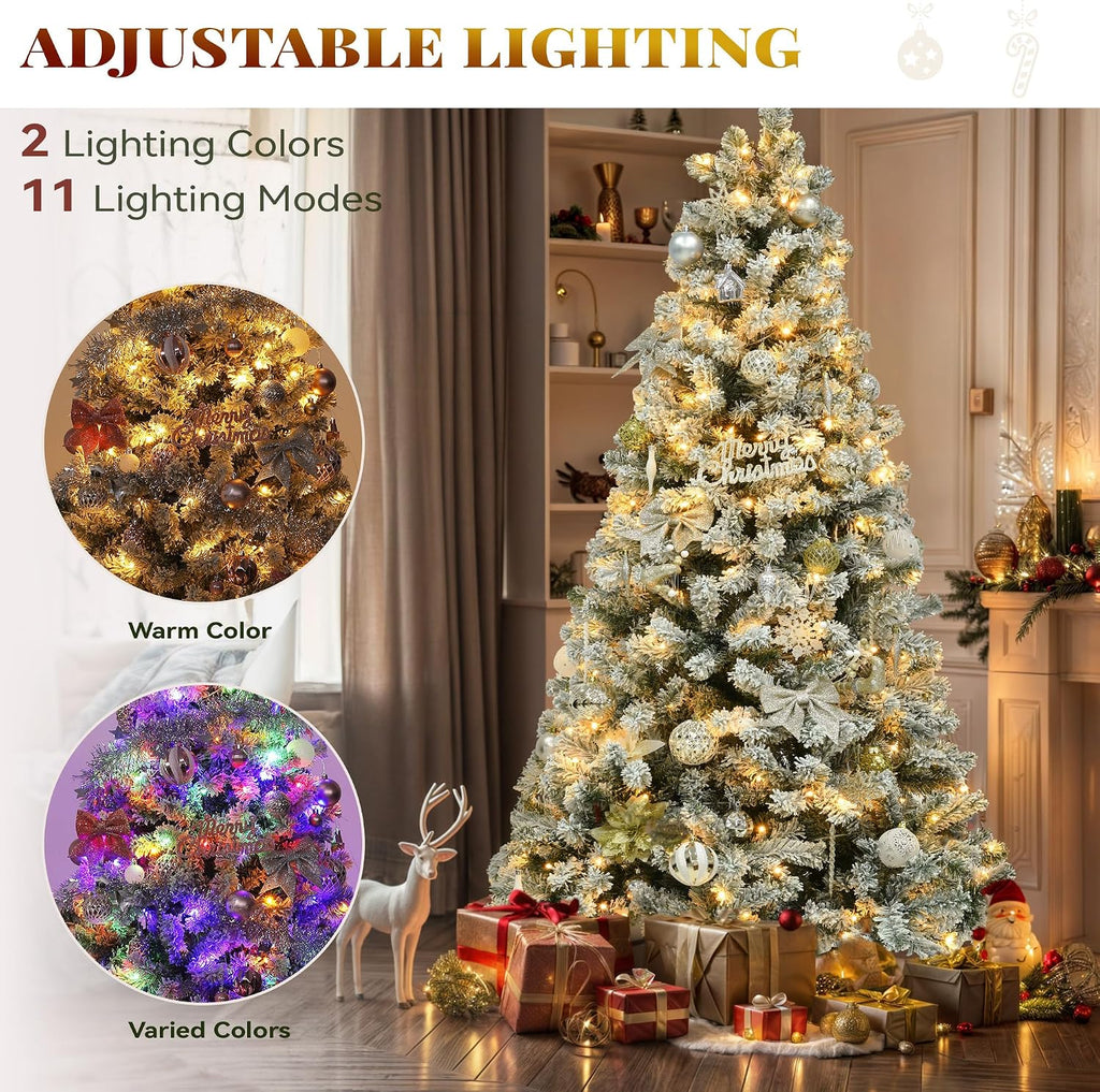 Prelit Snow Flocked Christmas Tree 7.5ft with Remote | Hinged Pine Christmas Tree w/ 550 Warm White/Multicolor