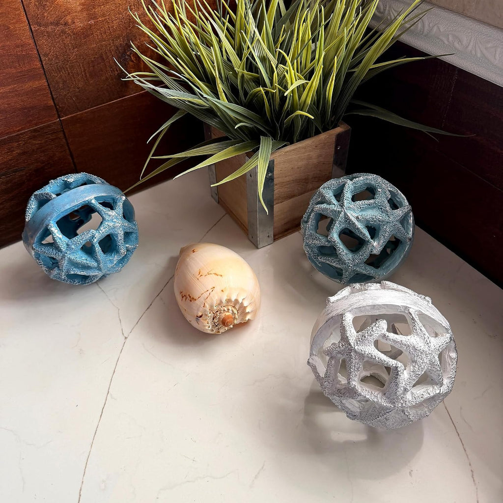 Decorative Orbs Coastal 4 Inch Resin Decorative Balls Set of 3 with Starfish Openwork Design, Blue Aqua Sand and