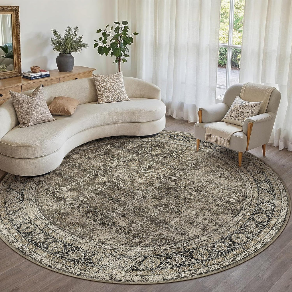 Brown Round Area Rug 8ft Washable 8x8 Circle Vintage Low Pile Indoor Large Kitchen Living Room Carpe