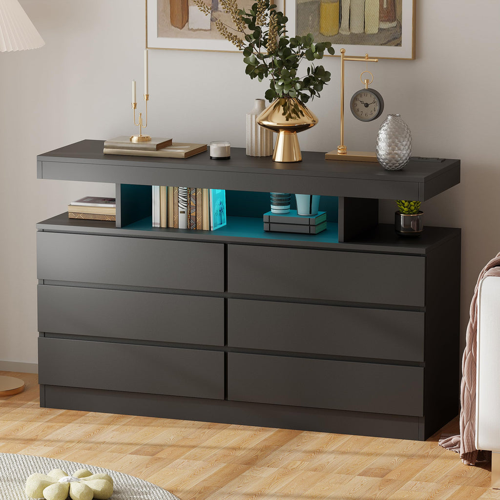 Black Dresser with Charging Station and LED Lights