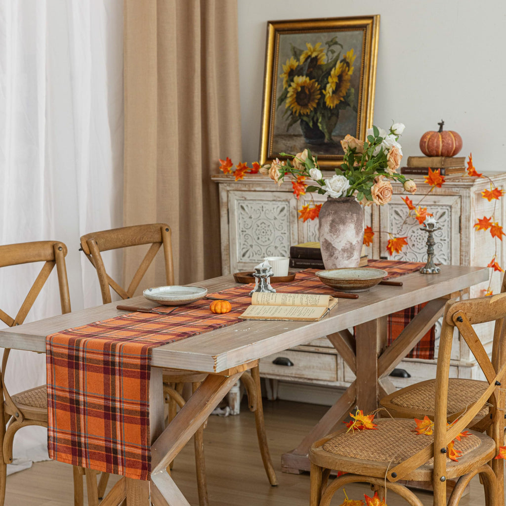 Plaid Fall Thanksgiving Orange Red Table Runners 120 inches Long