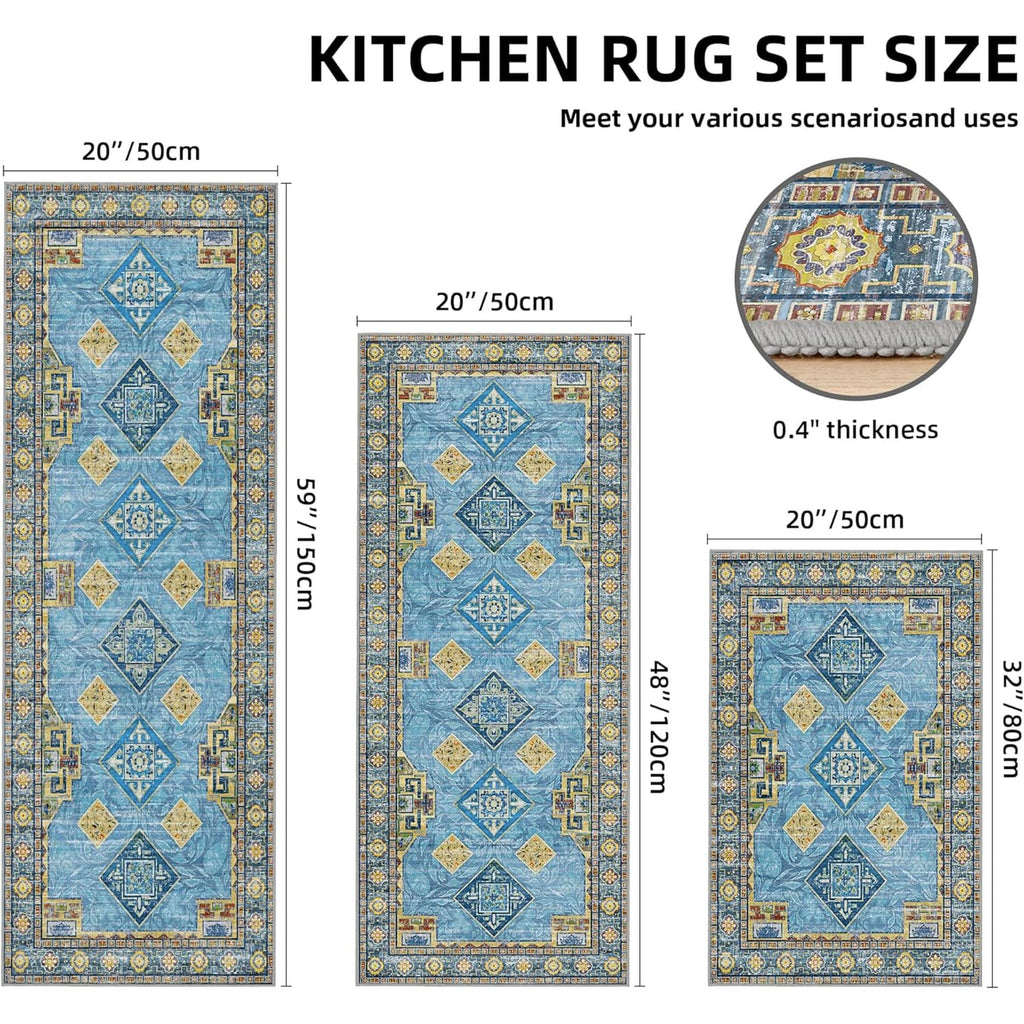 Kitchen Rugs Sets of 3 Non Slip Washable Kitchen Mats for Floor, Light Blue