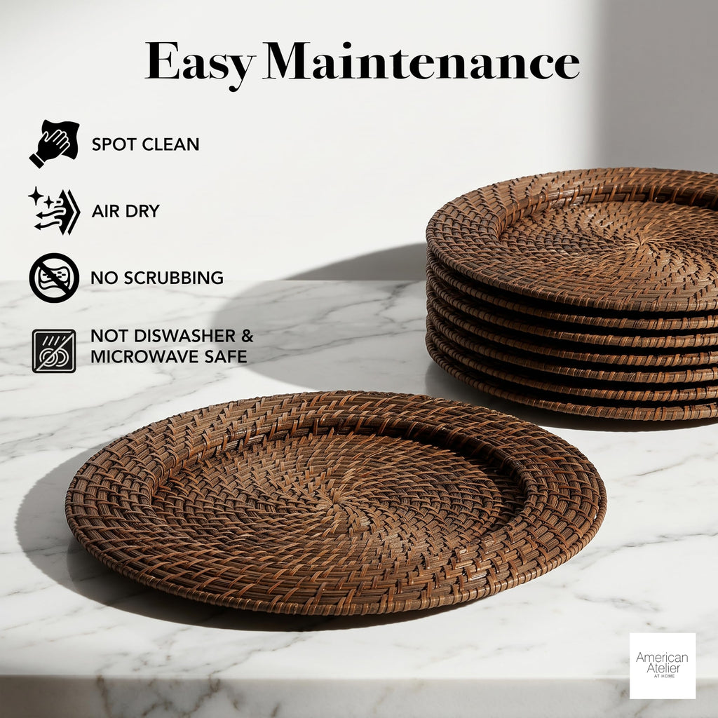 Rattan Charger Plates Hand Woven Round Brown, 13" - 8 Set
