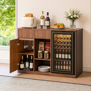 51" Coffee Bar Cabinet with Fridge Space, Fluted Mini Fridge Cabinet with Storage/Charging Station, Wine Liquor