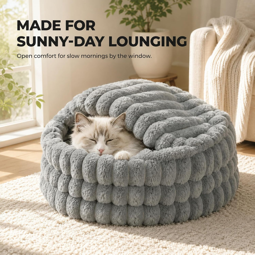 2 in 1 Cat Cave Bed-20.5 in, Washable Round Faux Rabbit Fur Calming Cat Bed