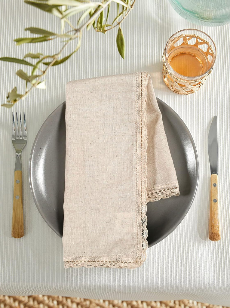 Cloth Dinner Napkins, 12-Pack, 20x20 in, Natural | Flax-cotton blend, lace trim, mitered corners, machine washable