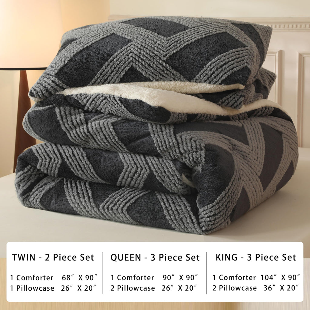Tufted Boho Comforter Set King - Grey Fluffy Sherpa Bedding Set, Soft Fuzzy Jacquard Quilt Set, 3 Pieces Cozy Bed Set