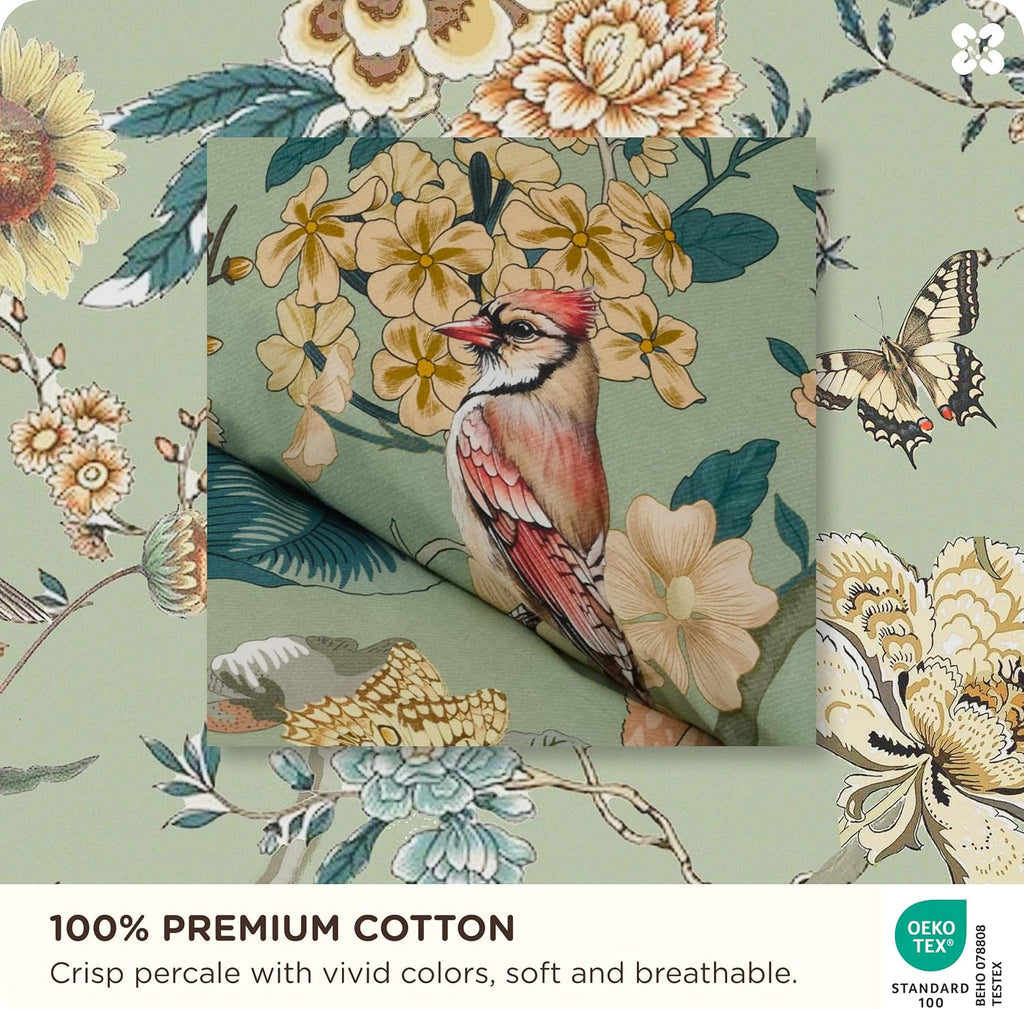 Floral Duvet Cover Queen - 100% Cotton Reversible Flowers and Birds Pattern Duvet Cover Set, 3 Pieces Soft &