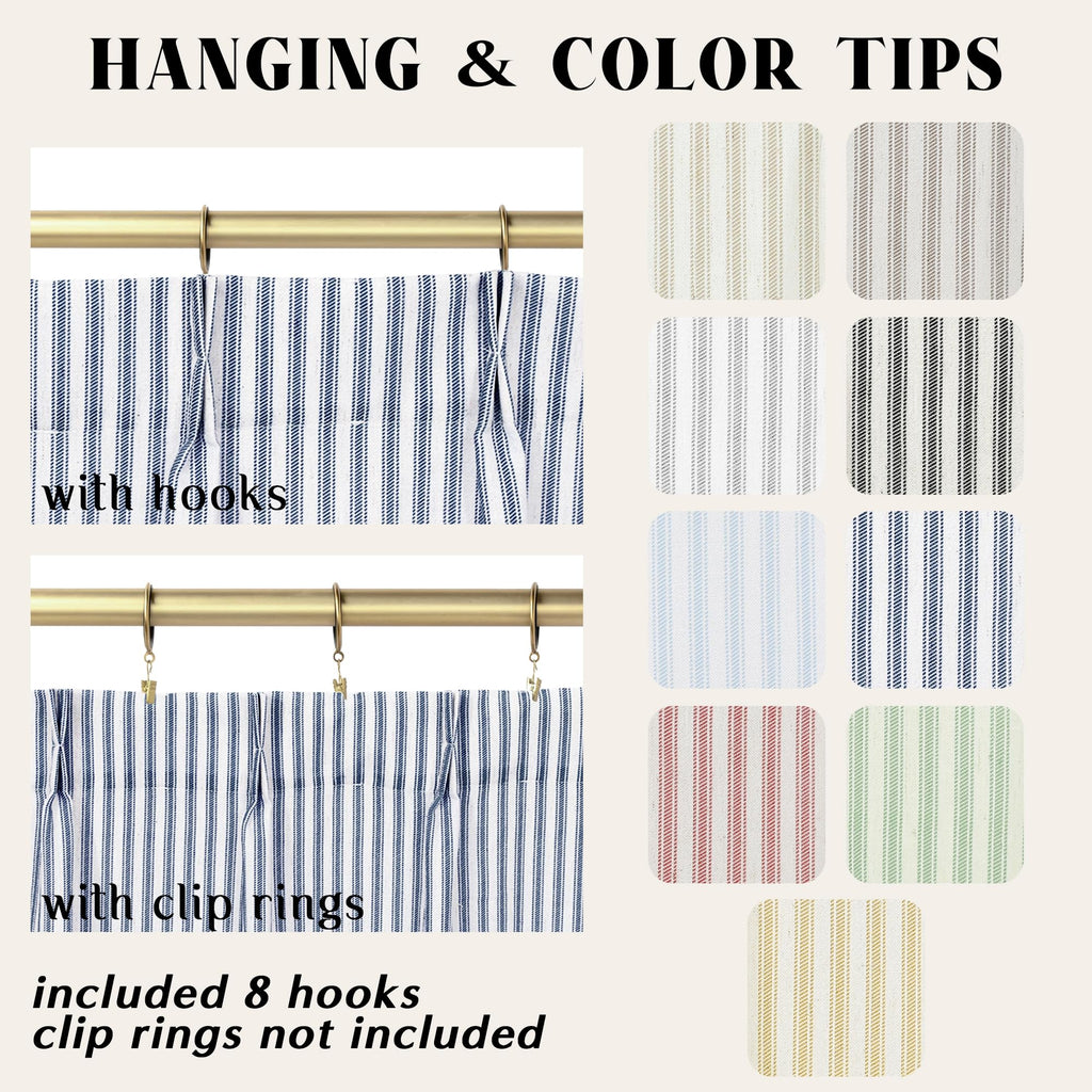 Navy Blue Kitchen Curtains, Ticking Stripe Cafe White Farmhouse 24 Inch Length Linen Sheer Ocean Nautical Curtains