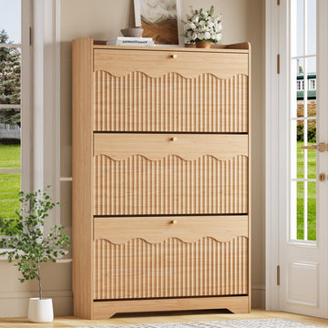 Shoe Storage Cabinet with 3 Flip Drawers and Modern Wave-Edge Fluted Panels, Slim Shoe Rack, Freestanding Narrow