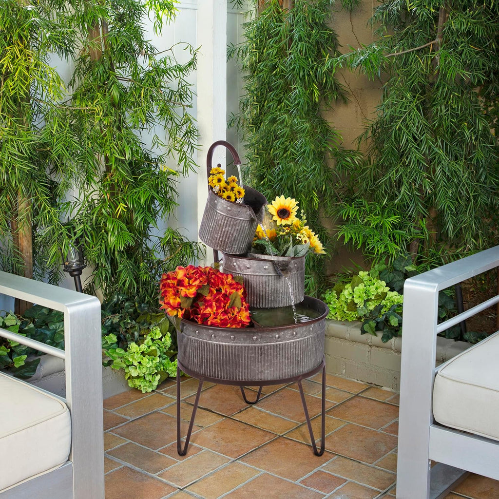 33" Outdoor Floor 3-Tier Vintage Tubs and Planters Fountain, Rustic Metal Cascading Waterfall Feature for Gardens