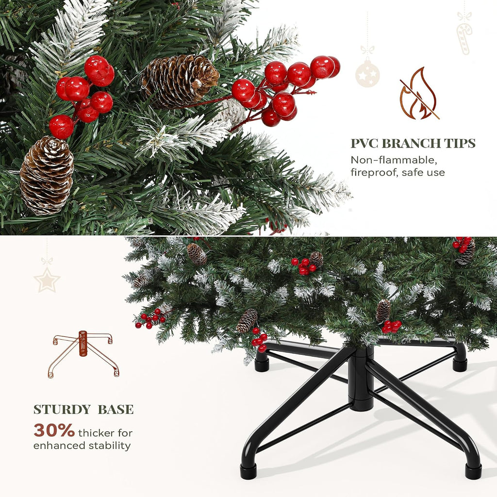 7.5ft Prelit Decorated Pine Christmas Tree w/Red Berries & Remote | Artificial Hinged Xmas Tree w/ 1398 Frosted Tips