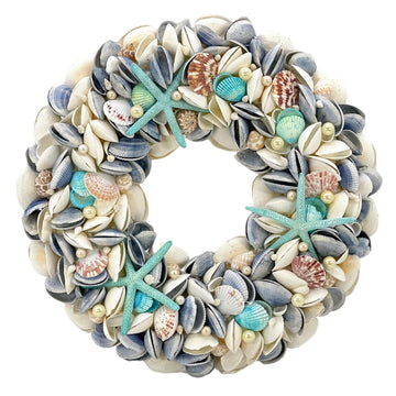 18" Nautical Seashell Wreath, Blue | Coastal Beach Floral Home Decor Indoor Outdoor Real Starfish Pearl Seashells