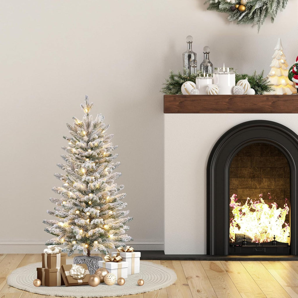 2Pcs Pre-lit Potted Flocked Christmas Tree for Holiday Decoration