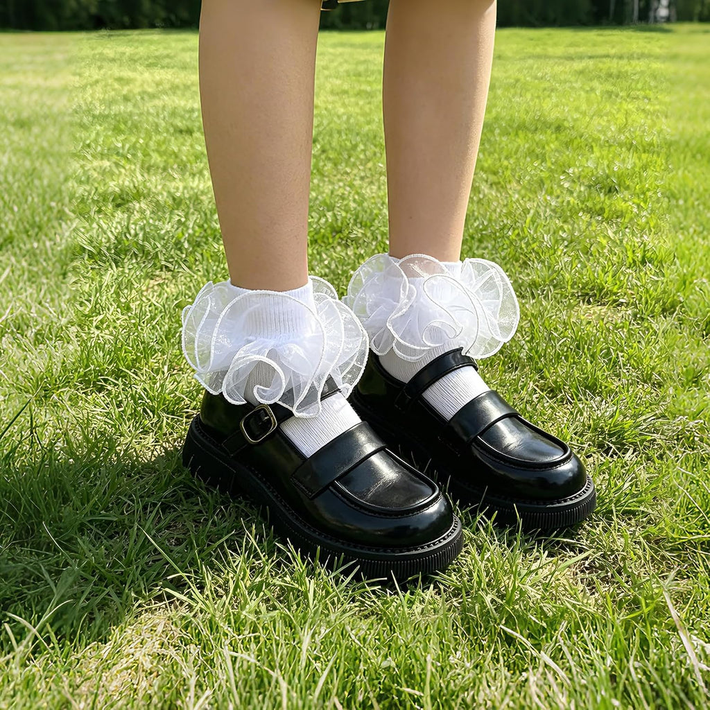 3 Pairs Big Double Lace Frilly Trim Dress Socks