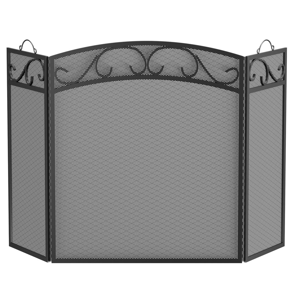 3 Panel Wrought Iron Fireplace Screen, Black Spark Guard