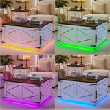 Farmhouse Lift Top Coffee Table, Square Wood Center Table with LED Lighting, USB-C Charging Station