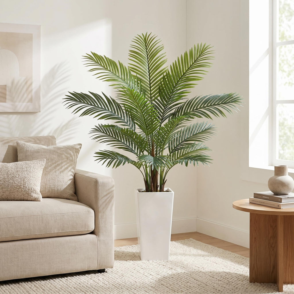 5FT Artificial Palm Tree, Tall Faux Tropical Areca Plants with White Tall Planter, Fake Potted Tree with Lifelike