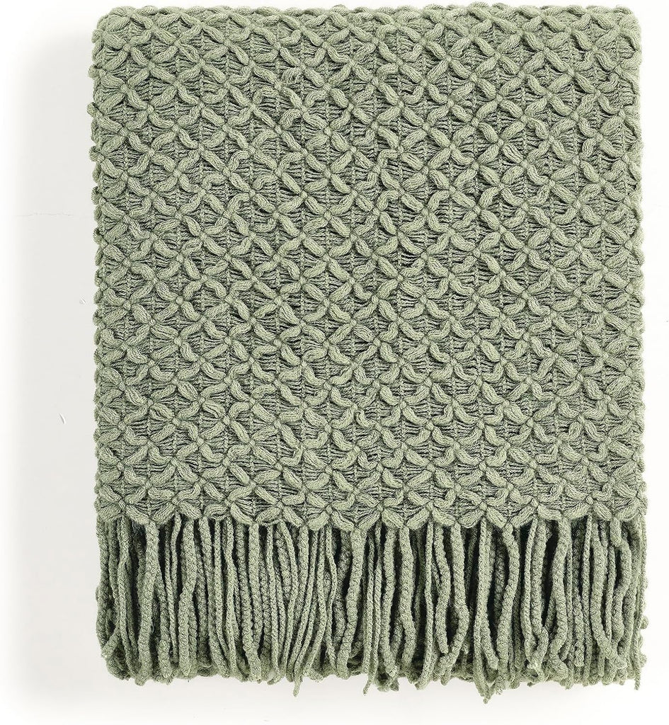 Farmhouse Boho Knitted Throw Blanket, Soft Warm Cozy Light Weight for Spring Summer Fall (50''X60'' Sage Green)