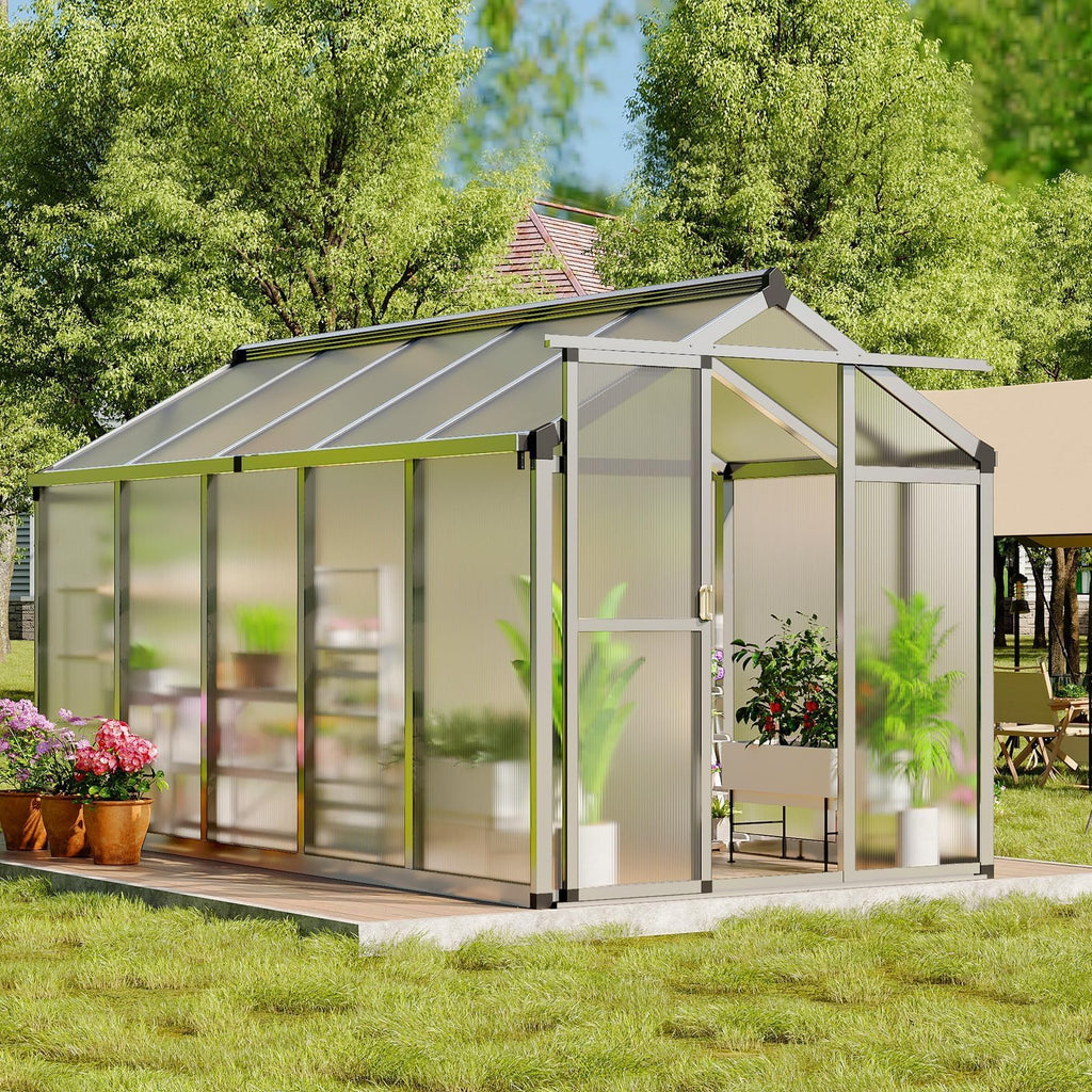 6x10 FT Greenhouse, Easy Assembly Aluminum Polycarbonate Greenhouses for Outdoors with Roof Vent, Large Aluminum