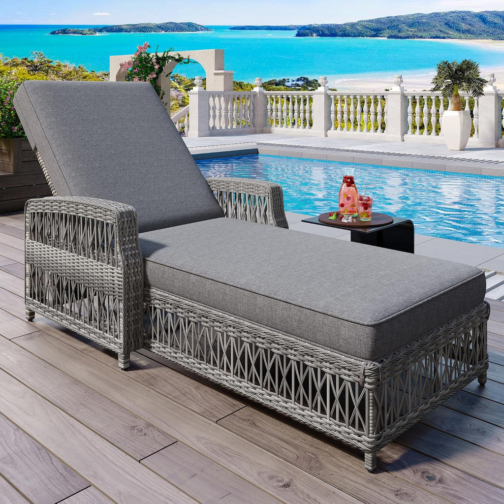 Patio Lounge Chair, Outdoor Rattan Chaise Lounge with 4 Adjustable Backrest and Armrests, All Weather Wicker