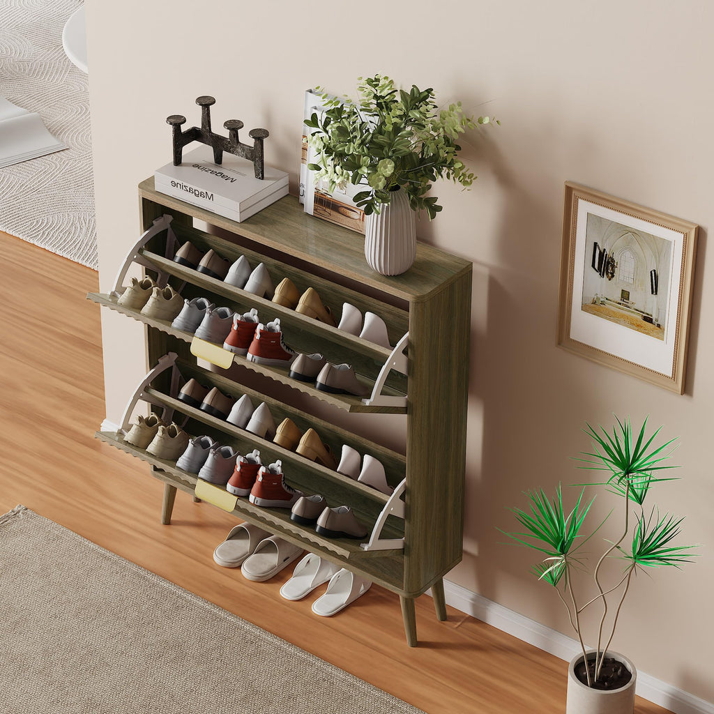 Narrow Shoe Storage Cabinet, Freestanding Shoe Cabinet Organizer (Light Coffee, 2 Flip)