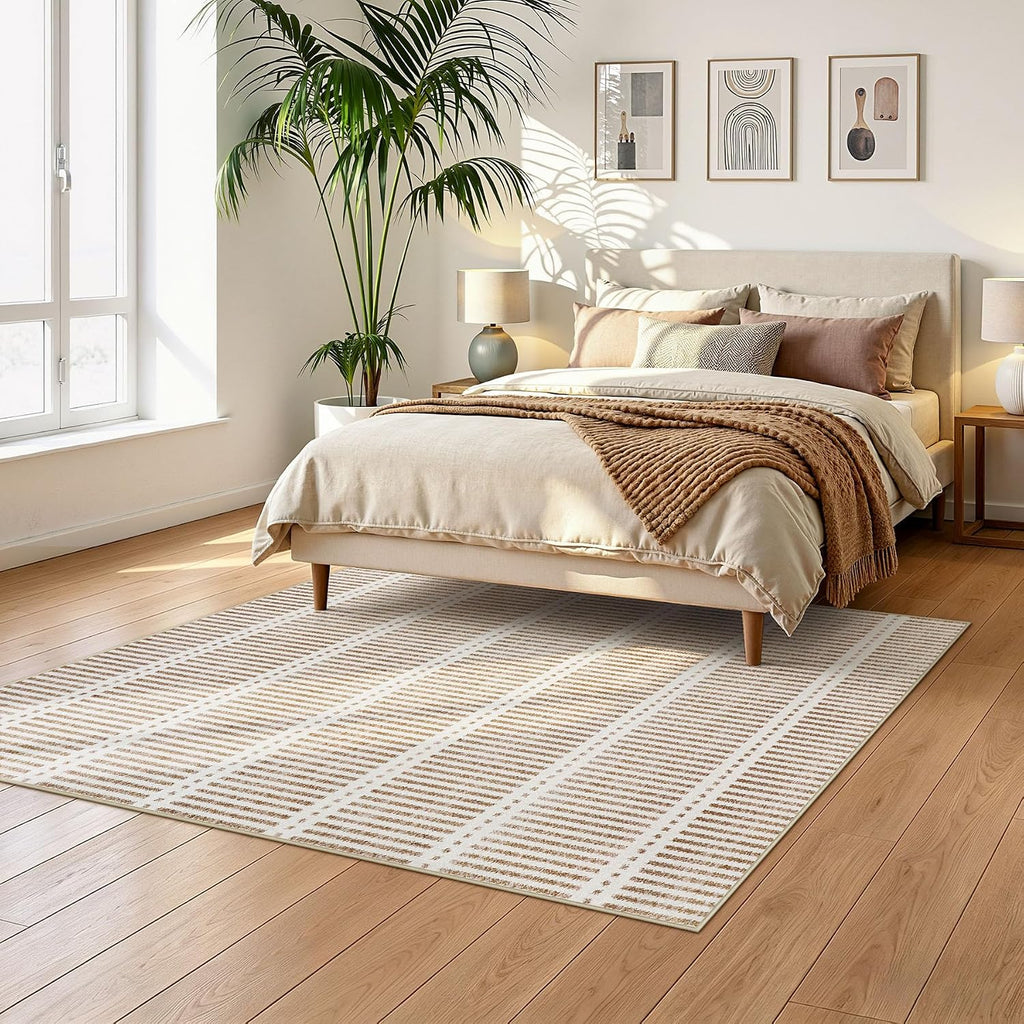 Ultra Thin Washable Area Rugs, Modern Non-Slip Rugs Dining Room, Striped Farmhouse Large Carpet Playroom, Khaki