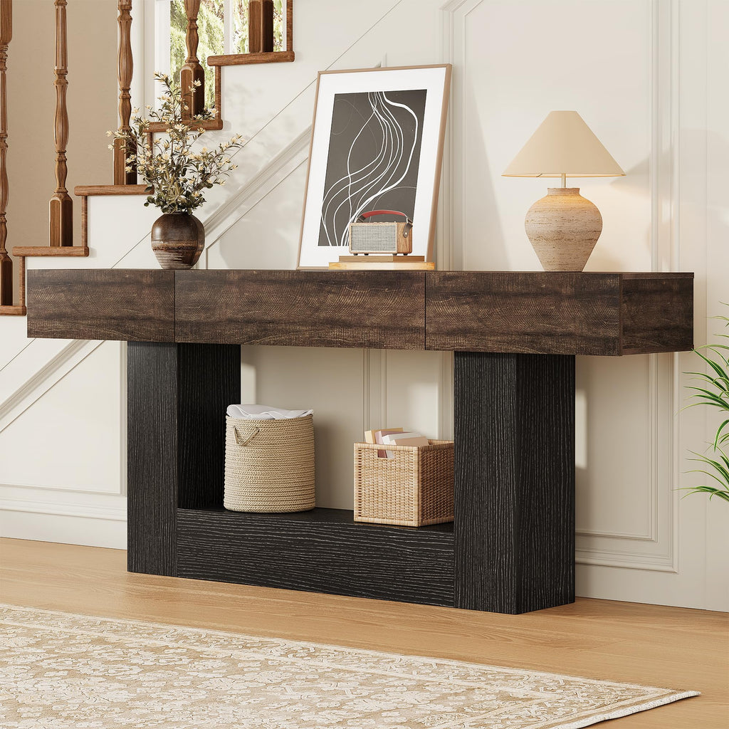 79" Long Farmhouse Console Table w 3 Storage Drawers, 2-Tier Entryway Table