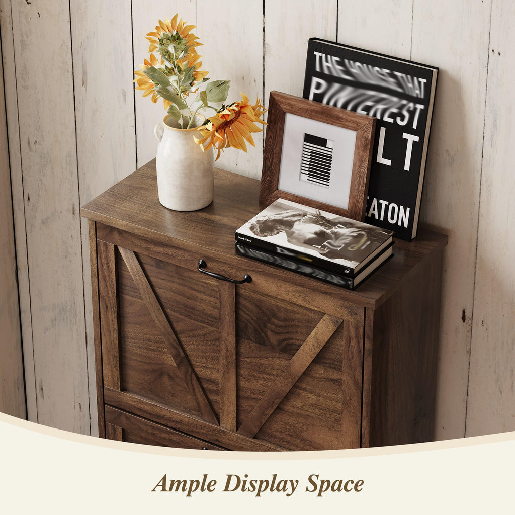 Farmhouse Shoe Storage Cabinet with 2 Flip Drawers, 23.6"(W) Freestanding Shoe Organizer with Barn Door and Metal