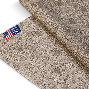 Tooled Faux Leather Western Cowboy, Floral Embossed Vinyl, Craft DIY and Upholstery Textured PU Pleather Fabric - One