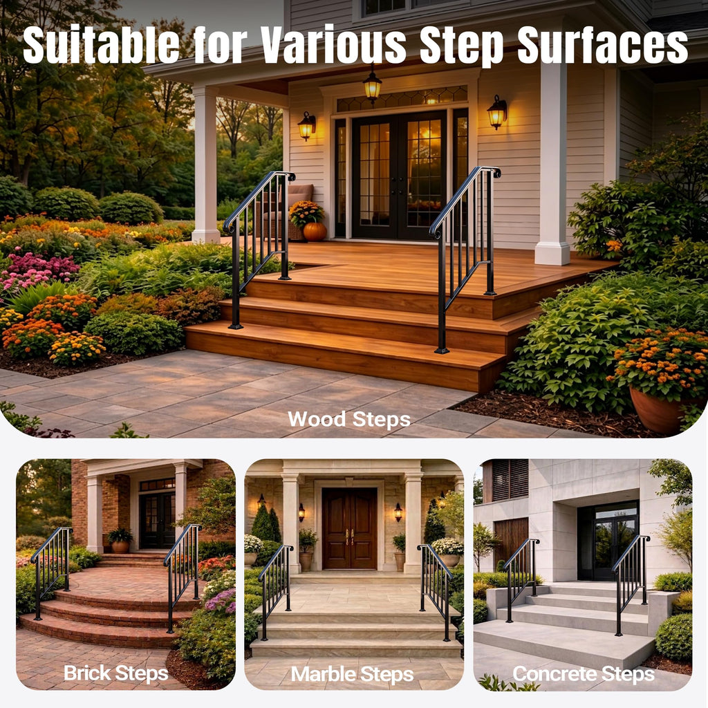 2 Pack 3 Step Handrails for Outdoor Steps, Wrought Iron Stair Railing Fits 2 or 3 Steps, Metal Hand Rail with